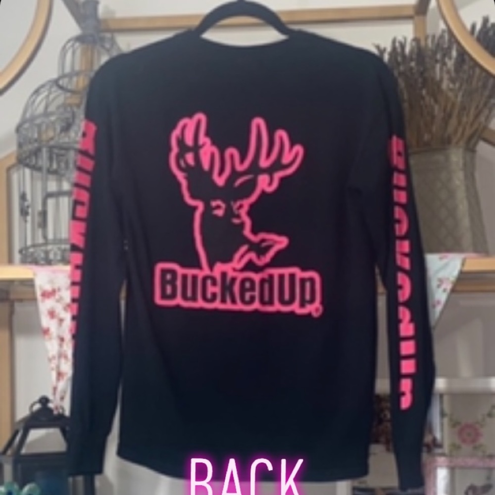 BUCKED UP Hot Pink/Black Long Sleeve T Logo front back and sleeves Winter Fall - Picture 4 of 4